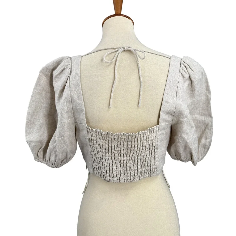 Reformation Linen Two‎ Piece Set Size 10 Beige Puff Sleeve Crop Top Midi Skirt